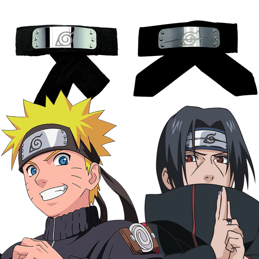Zwei Naruto-Stirnbänder: eines mit dem Blatt-Zeichen von Konoha, eines mit dem durchgestrichenen Zeichen, daneben Naruto und Itachi