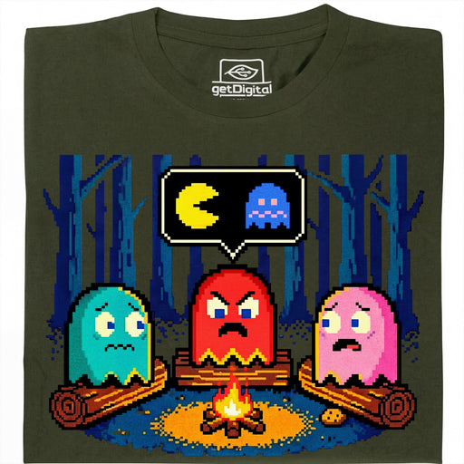 8-Bit Lagerfeuer - Hauptansicht T-Shirt Dunkelgrün