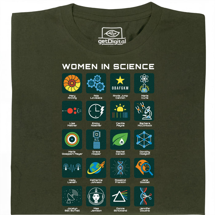 Women in Science - 20 Pioniere della Scienza - Vista principale T-Shirt Verde Scuro