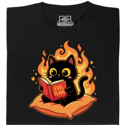Chat Noir Lisant "Evil Plans" - Plans Maléfiques avec Style - Vue Principale T-Shirt Noir