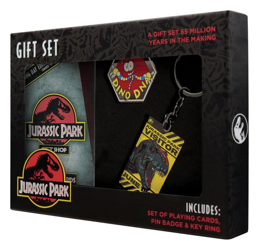 Jurassic Park cadeaubox met speelkaarten, pin en sleutelhanger